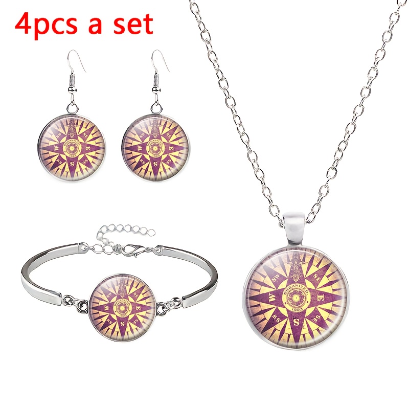 4pcs Retro Compass Design Round Badge Jewellery Set for Women